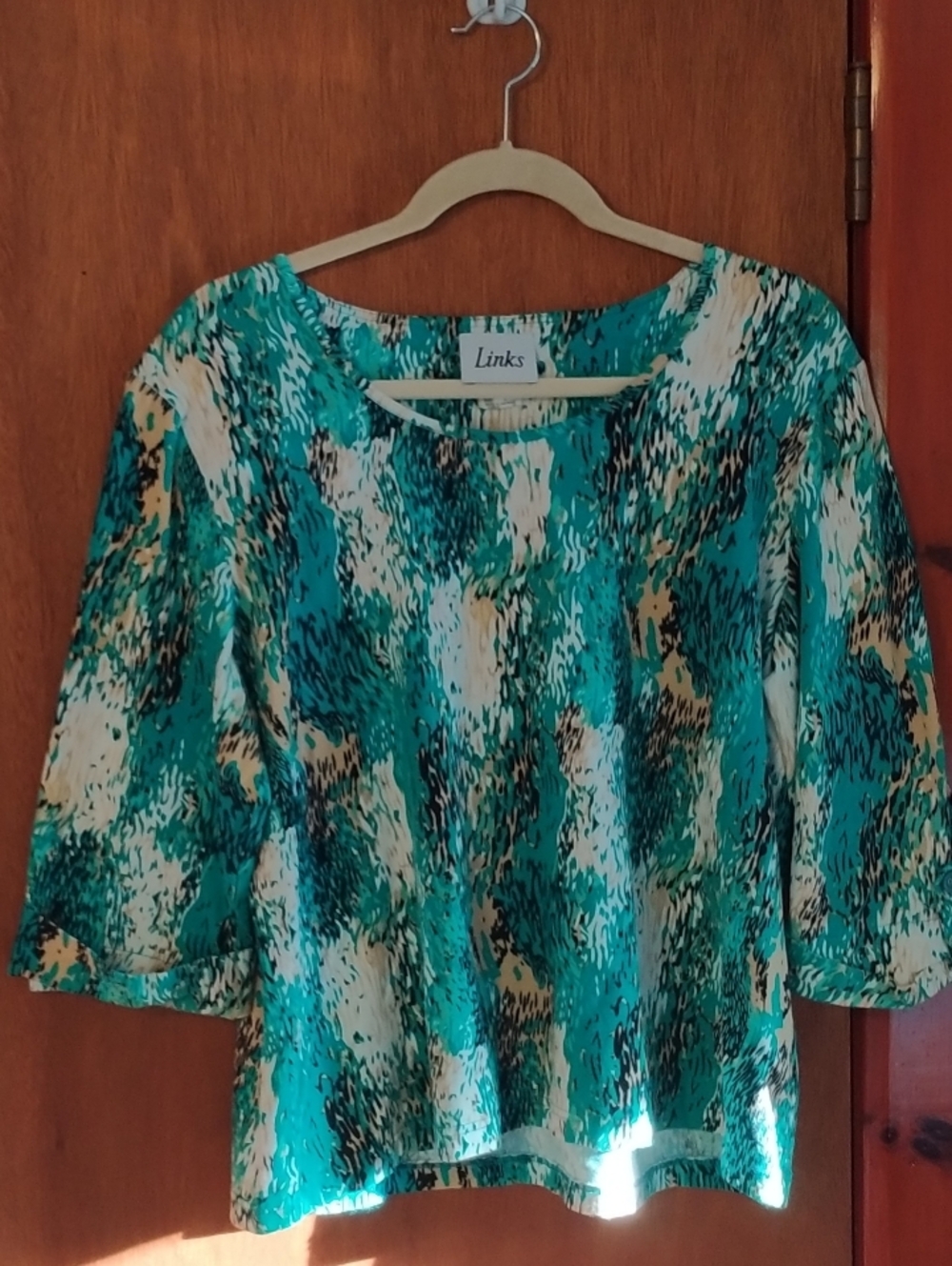 Link Teal and Cream Abstract Print Blouse